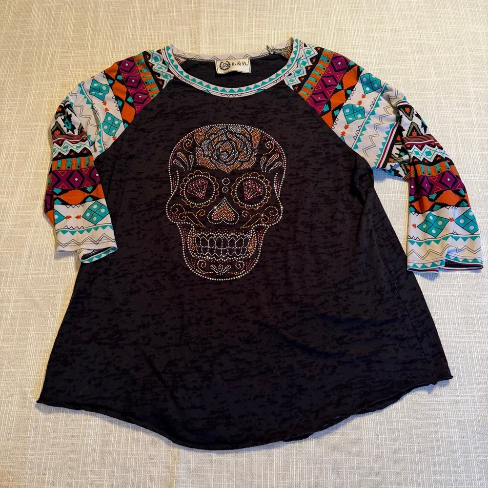 L&B Women Black Burnout Sugar Skull Rhinestone Raglan 3/4 Sleeve Top XL